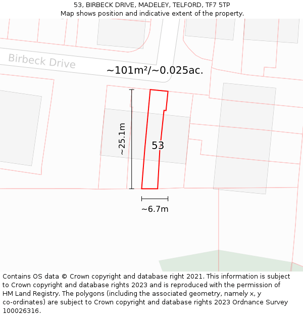 53, BIRBECK DRIVE, MADELEY, TELFORD, TF7 5TP: Plot and title map