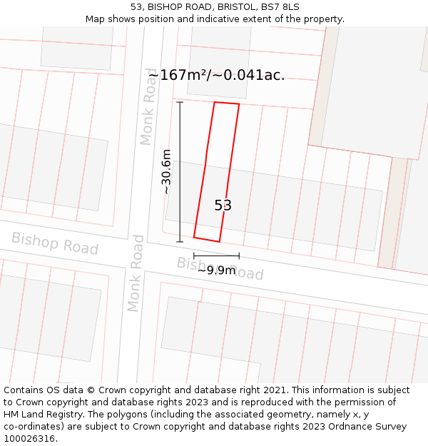 53, BISHOP ROAD, BRISTOL, BS7 8LS: Plot and title map