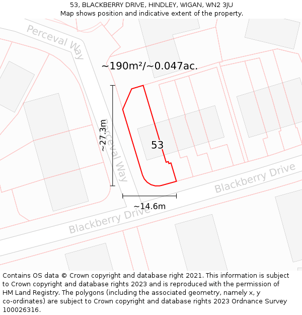 53, BLACKBERRY DRIVE, HINDLEY, WIGAN, WN2 3JU: Plot and title map