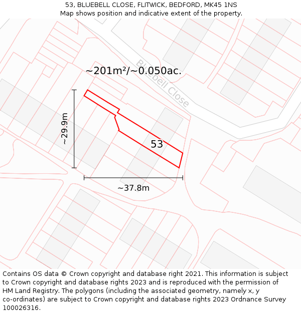 53, BLUEBELL CLOSE, FLITWICK, BEDFORD, MK45 1NS: Plot and title map
