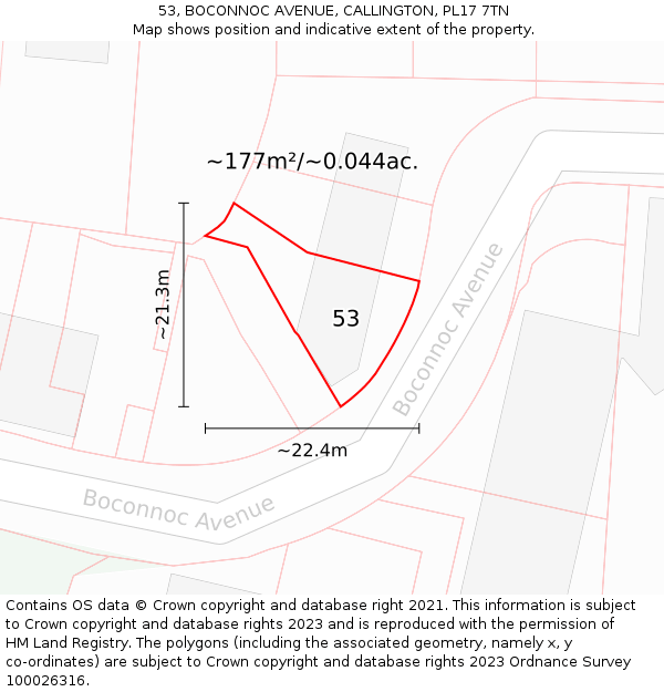 53, BOCONNOC AVENUE, CALLINGTON, PL17 7TN: Plot and title map