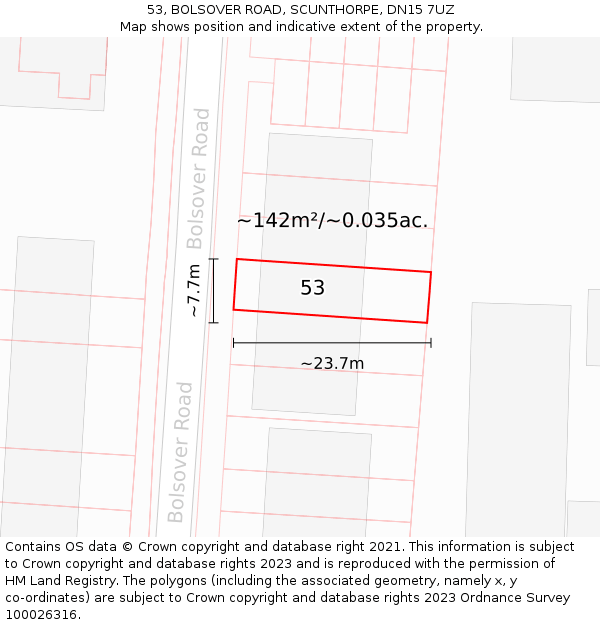 53, BOLSOVER ROAD, SCUNTHORPE, DN15 7UZ: Plot and title map