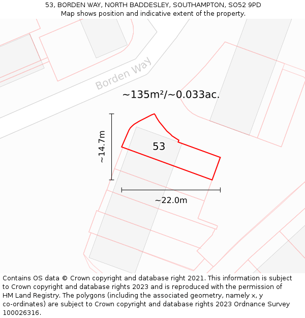 53, BORDEN WAY, NORTH BADDESLEY, SOUTHAMPTON, SO52 9PD: Plot and title map