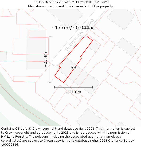 53, BOUNDERBY GROVE, CHELMSFORD, CM1 4XN: Plot and title map