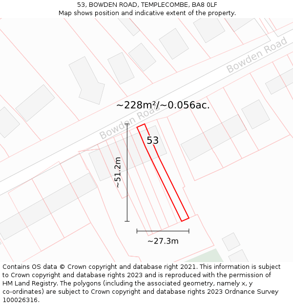 53, BOWDEN ROAD, TEMPLECOMBE, BA8 0LF: Plot and title map