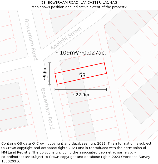 53, BOWERHAM ROAD, LANCASTER, LA1 4AG: Plot and title map