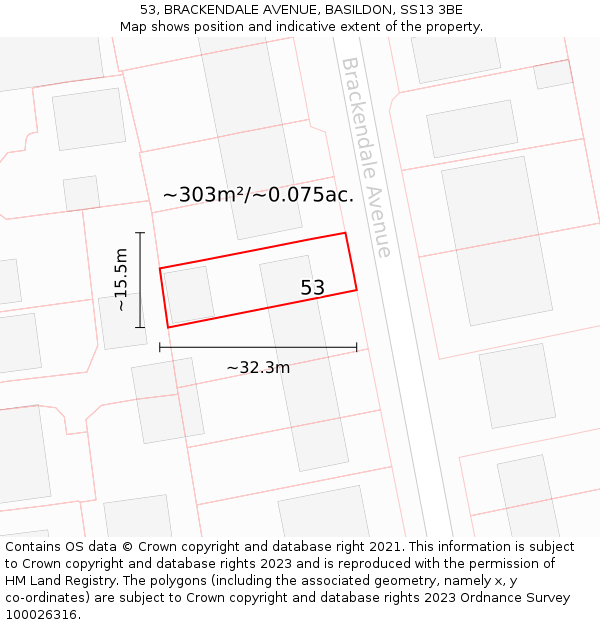 53, BRACKENDALE AVENUE, BASILDON, SS13 3BE: Plot and title map