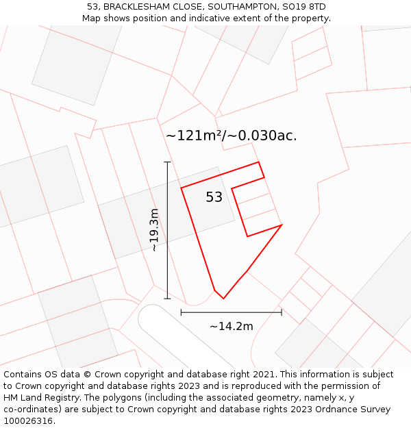 53, BRACKLESHAM CLOSE, SOUTHAMPTON, SO19 8TD: Plot and title map
