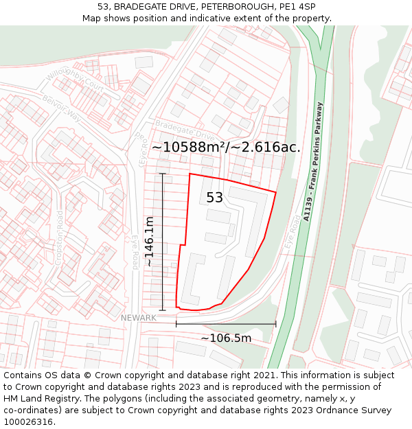 53, BRADEGATE DRIVE, PETERBOROUGH, PE1 4SP: Plot and title map