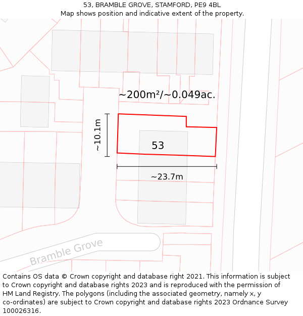 53, BRAMBLE GROVE, STAMFORD, PE9 4BL: Plot and title map