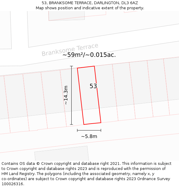53, BRANKSOME TERRACE, DARLINGTON, DL3 6AZ: Plot and title map