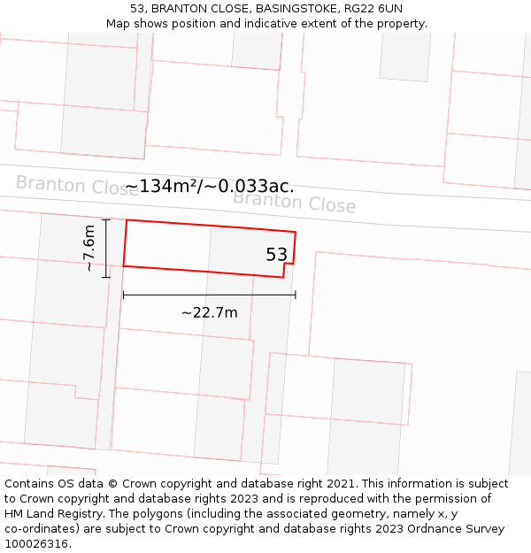 53, BRANTON CLOSE, BASINGSTOKE, RG22 6UN: Plot and title map