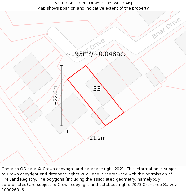 53, BRIAR DRIVE, DEWSBURY, WF13 4NJ: Plot and title map