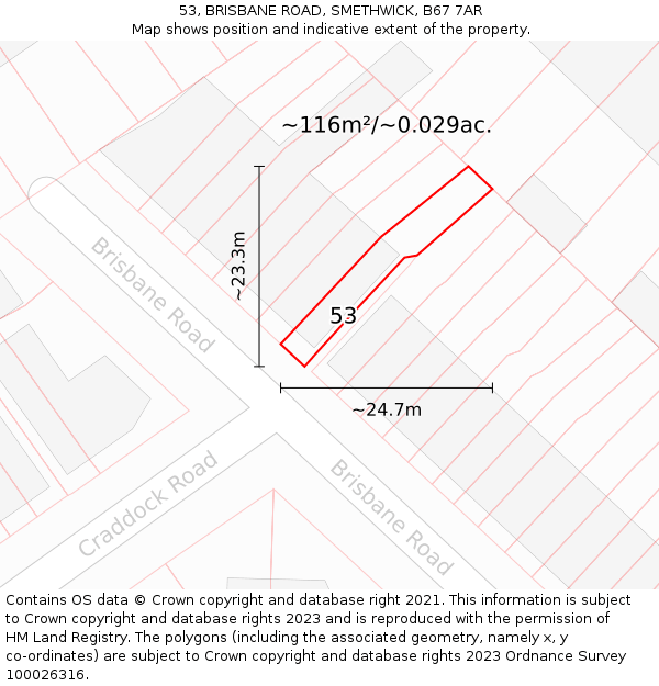 53, BRISBANE ROAD, SMETHWICK, B67 7AR: Plot and title map