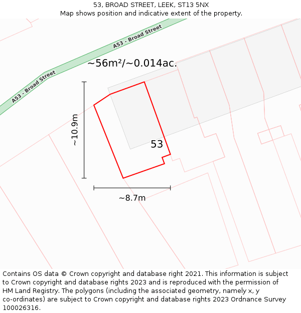 53, BROAD STREET, LEEK, ST13 5NX: Plot and title map