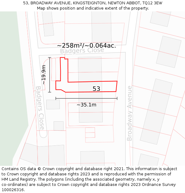 53, BROADWAY AVENUE, KINGSTEIGNTON, NEWTON ABBOT, TQ12 3EW: Plot and title map