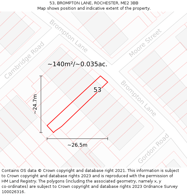 53, BROMPTON LANE, ROCHESTER, ME2 3BB: Plot and title map