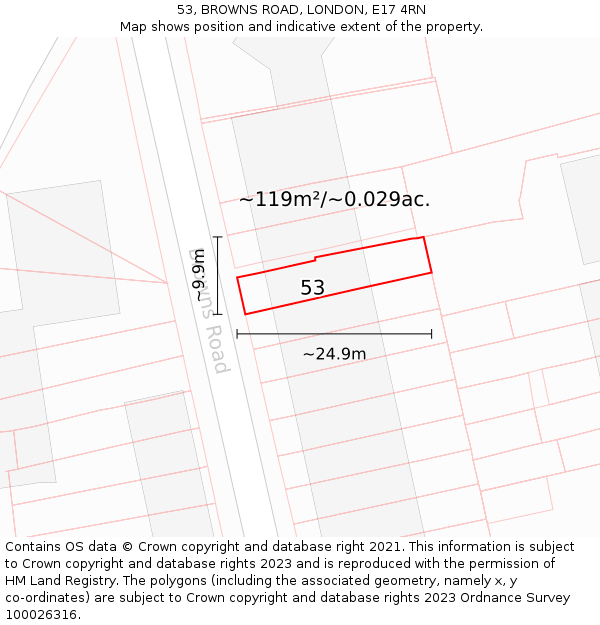 53, BROWNS ROAD, LONDON, E17 4RN: Plot and title map