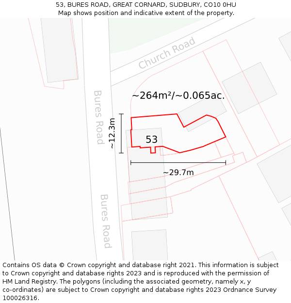 53, BURES ROAD, GREAT CORNARD, SUDBURY, CO10 0HU: Plot and title map