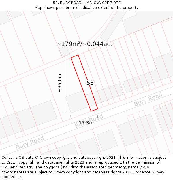 53, BURY ROAD, HARLOW, CM17 0EE: Plot and title map