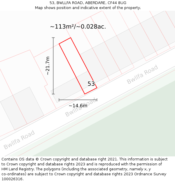 53, BWLLFA ROAD, ABERDARE, CF44 8UG: Plot and title map
