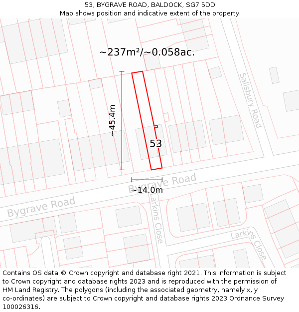 53, BYGRAVE ROAD, BALDOCK, SG7 5DD: Plot and title map