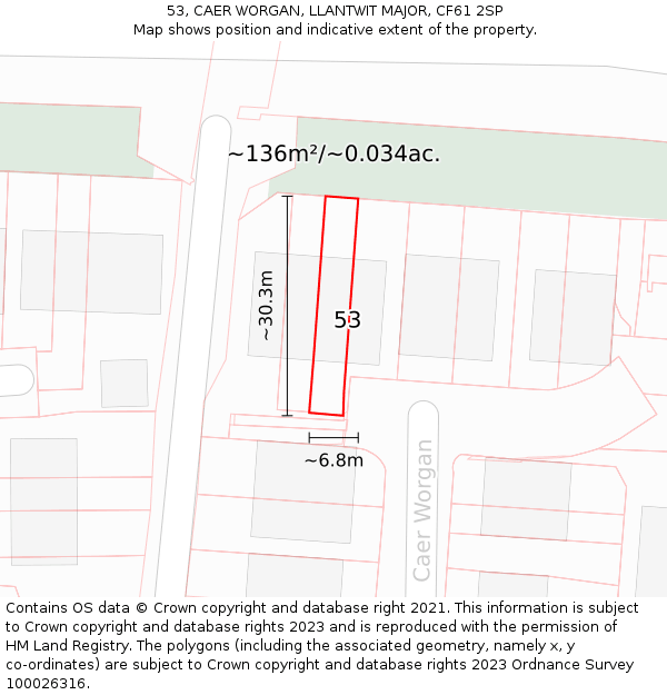 53, CAER WORGAN, LLANTWIT MAJOR, CF61 2SP: Plot and title map