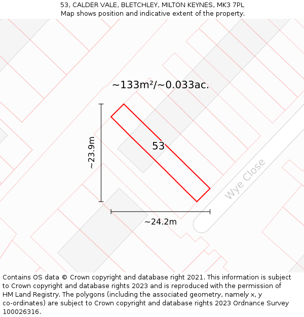 53, CALDER VALE, BLETCHLEY, MILTON KEYNES, MK3 7PL: Plot and title map