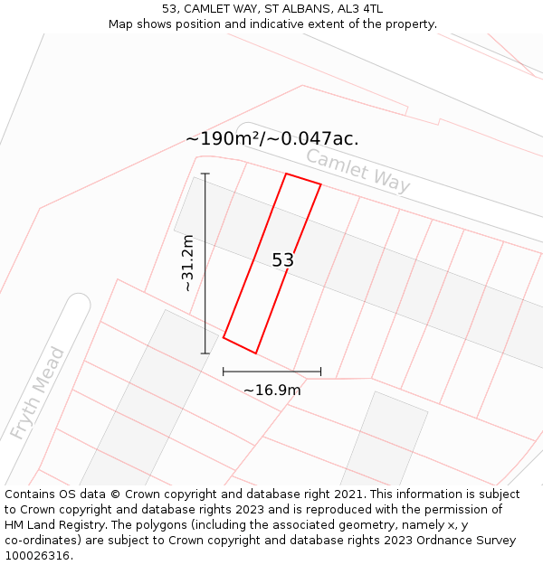 53, CAMLET WAY, ST ALBANS, AL3 4TL: Plot and title map