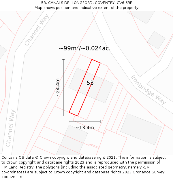 53, CANALSIDE, LONGFORD, COVENTRY, CV6 6RB: Plot and title map