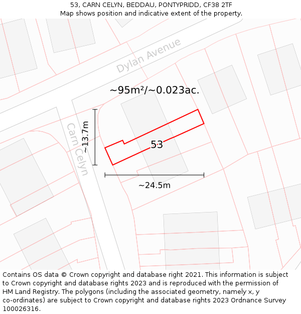 53, CARN CELYN, BEDDAU, PONTYPRIDD, CF38 2TF: Plot and title map