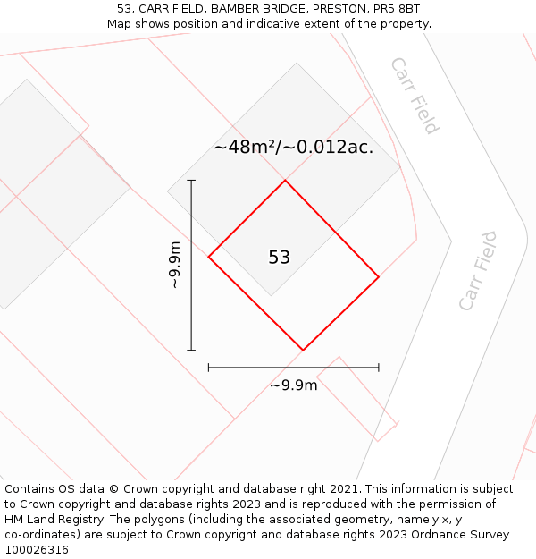 53, CARR FIELD, BAMBER BRIDGE, PRESTON, PR5 8BT: Plot and title map