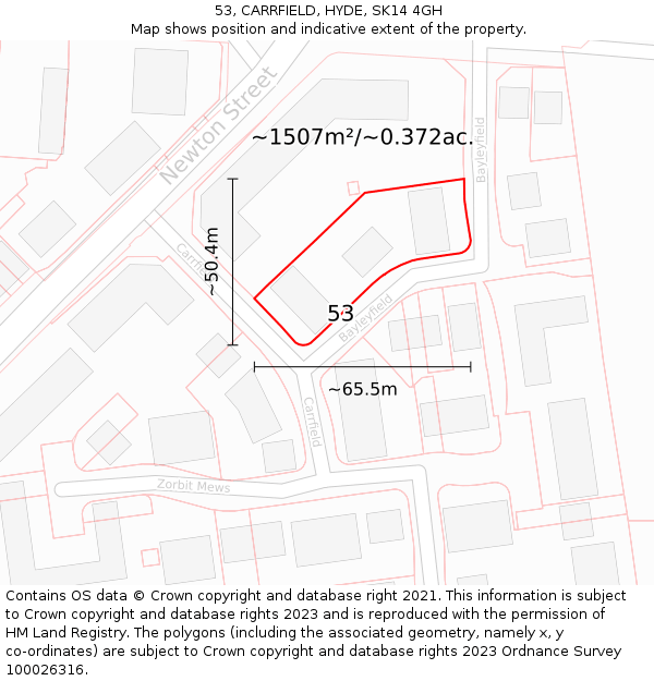 53, CARRFIELD, HYDE, SK14 4GH: Plot and title map