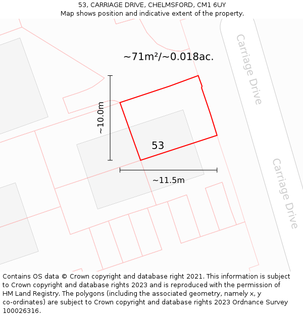 53, CARRIAGE DRIVE, CHELMSFORD, CM1 6UY: Plot and title map