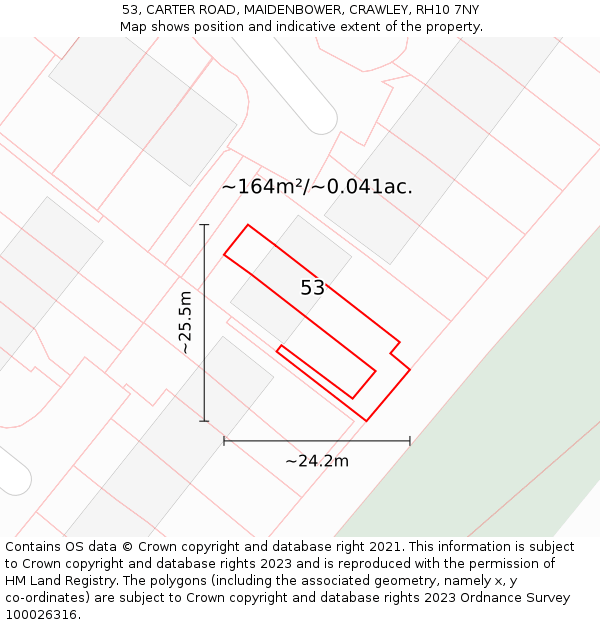 53, CARTER ROAD, MAIDENBOWER, CRAWLEY, RH10 7NY: Plot and title map