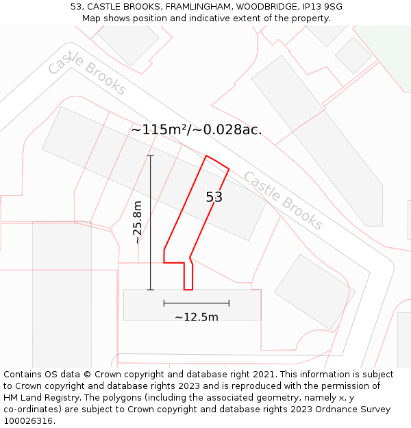 53, CASTLE BROOKS, FRAMLINGHAM, WOODBRIDGE, IP13 9SG: Plot and title map