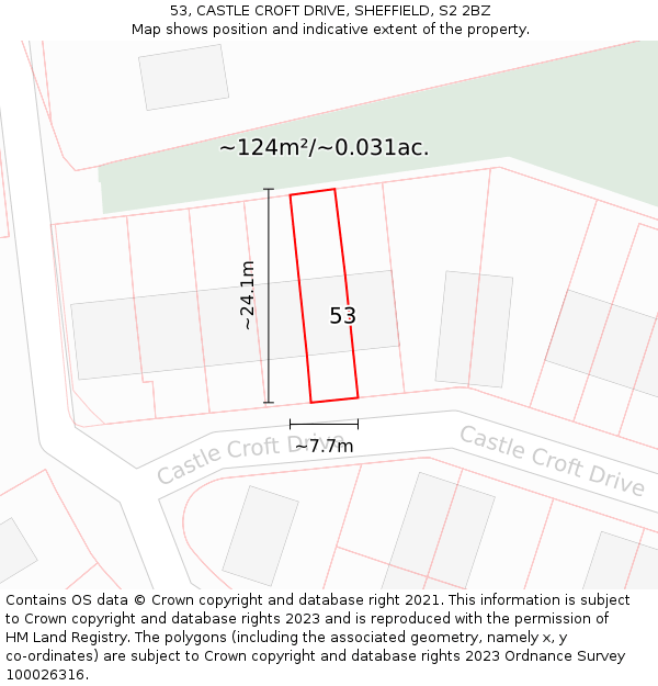 53, CASTLE CROFT DRIVE, SHEFFIELD, S2 2BZ: Plot and title map