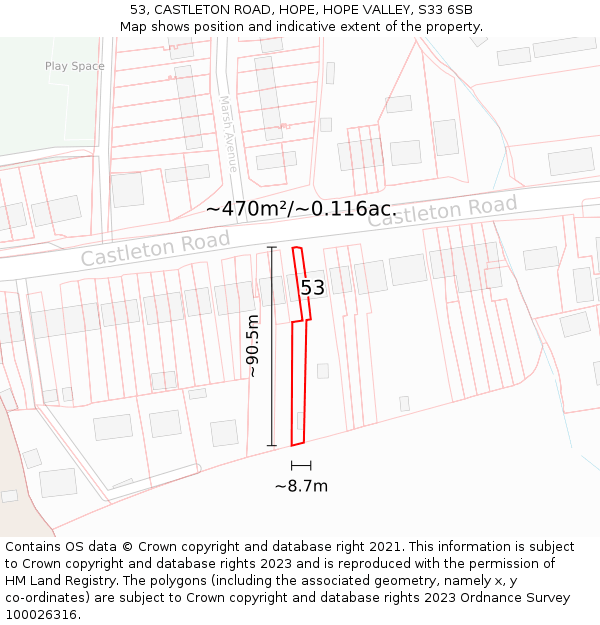 53, CASTLETON ROAD, HOPE, HOPE VALLEY, S33 6SB: Plot and title map