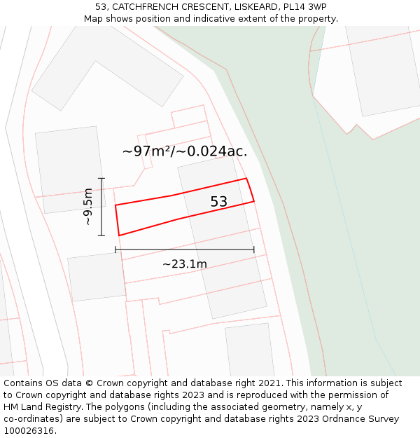 53, CATCHFRENCH CRESCENT, LISKEARD, PL14 3WP: Plot and title map