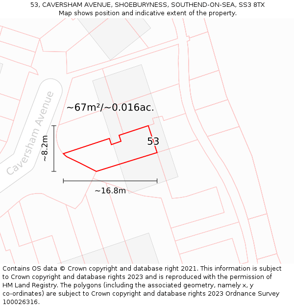 53, CAVERSHAM AVENUE, SHOEBURYNESS, SOUTHEND-ON-SEA, SS3 8TX: Plot and title map