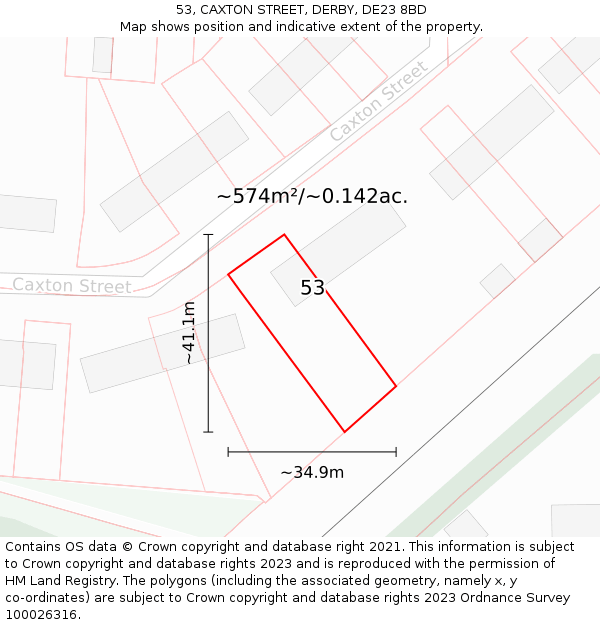 53, CAXTON STREET, DERBY, DE23 8BD: Plot and title map