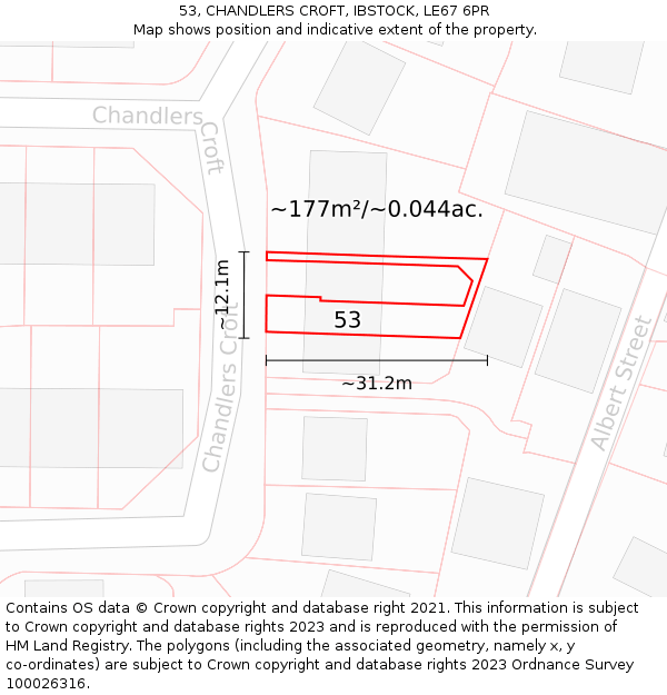 53, CHANDLERS CROFT, IBSTOCK, LE67 6PR: Plot and title map