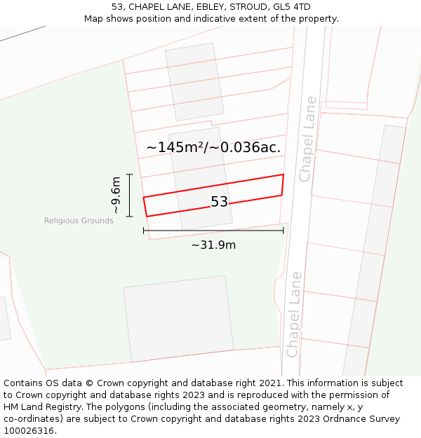 53, CHAPEL LANE, EBLEY, STROUD, GL5 4TD: Plot and title map