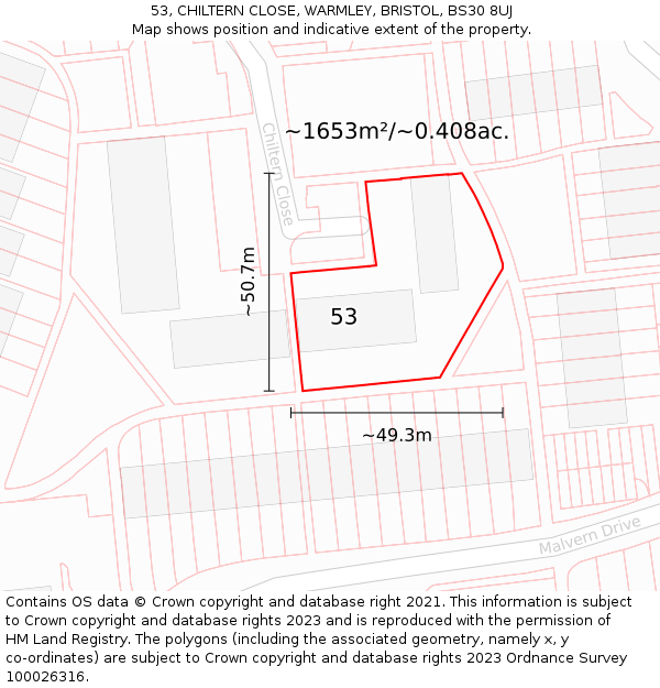 53, CHILTERN CLOSE, WARMLEY, BRISTOL, BS30 8UJ: Plot and title map