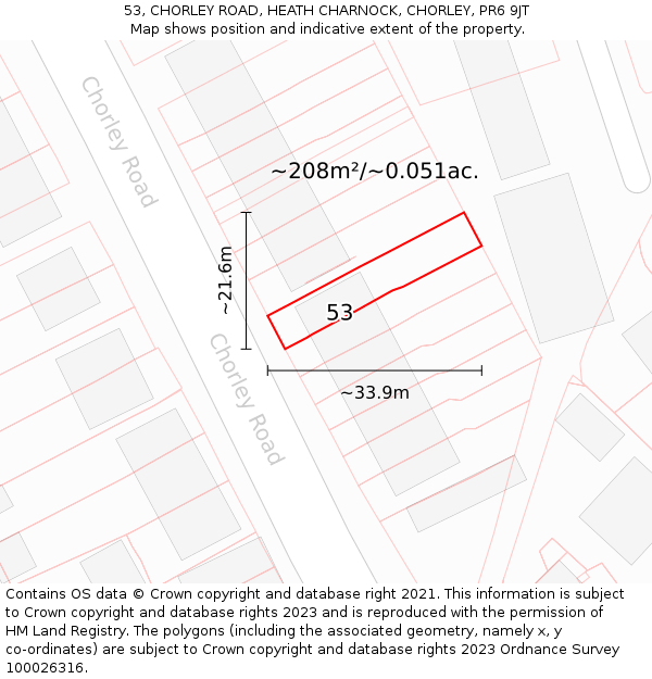 53, CHORLEY ROAD, HEATH CHARNOCK, CHORLEY, PR6 9JT: Plot and title map