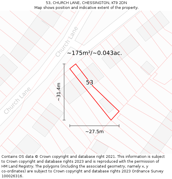 53, CHURCH LANE, CHESSINGTON, KT9 2DN: Plot and title map