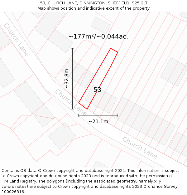 53, CHURCH LANE, DINNINGTON, SHEFFIELD, S25 2LT: Plot and title map