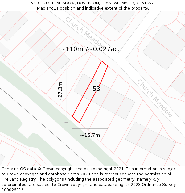53, CHURCH MEADOW, BOVERTON, LLANTWIT MAJOR, CF61 2AT: Plot and title map