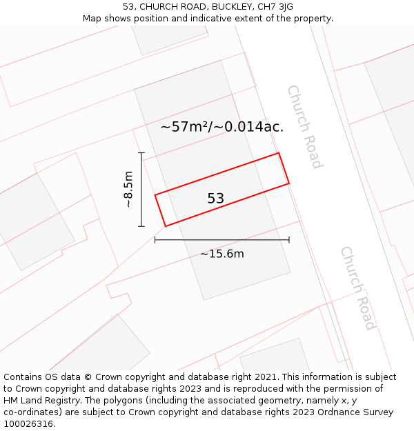 53, CHURCH ROAD, BUCKLEY, CH7 3JG: Plot and title map