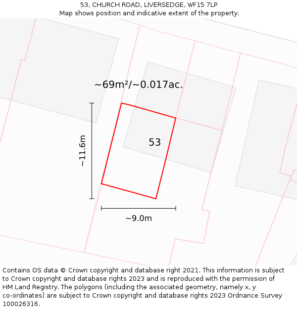 53, CHURCH ROAD, LIVERSEDGE, WF15 7LP: Plot and title map